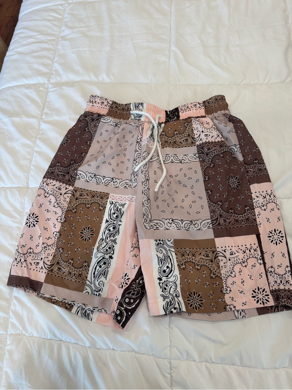Patchwork Bandana Print Drawstring Shorts in Pink & Brown